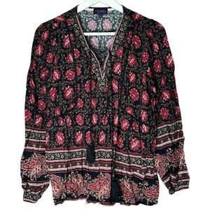 Artesia Boho Chic Floral Print Blouse With Tassels Small